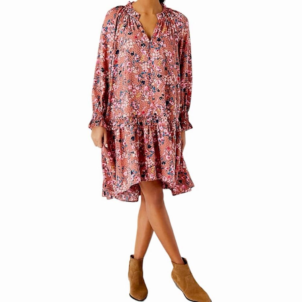 NWT Ann Taylor Pink Floral Long Sleeve Ruffle Swing Dress Size Small